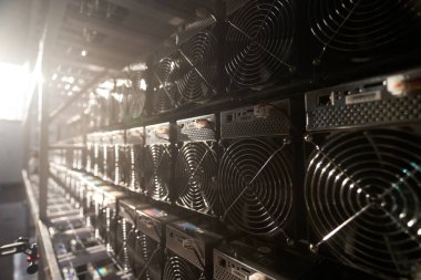 Bitcoin ASIC madencileri depoda. ASIC maden ekipmanları çelik konteynırdaki kripto para madenciliği için raflarda. Entegre devre birimleri depolama engelleme teknolojisi uygulaması.