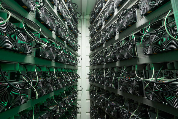 Bitcoin miners in large farm. ASIC mining equipment on stand racks mine cryptocurrency in steel container. Blockchain techology application specific integrated circuit datacenter. Server room lights.