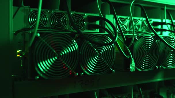 Bitcoin miners in large farm. ASIC mining equipment on stand racks mine cryptocurrency in steel container. Blockchain techology application specific integrated circuit datacenter. Server room lights. — Stock Video