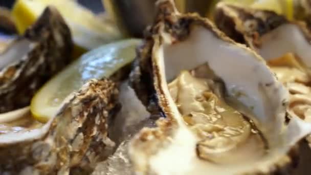 Dienblad met verse oesters op ijs met citroen draaiend op grote salverplaat voor luxe restaurantbezoekers. Traditionele meditarische schotel zeevruchten voor fijnproevers. — Stockvideo