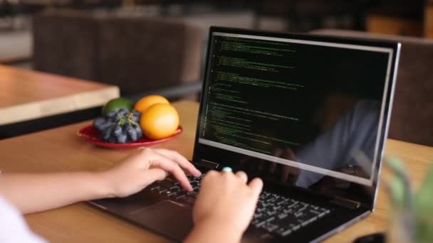 Vista posterior sobre la toma de hombro de la programadora desarrolladora femenina con portátil. Código de programa y datos de script en la pantalla. Joven freelancer trabajando en proyecto en cafetería. — Vídeos de Stock