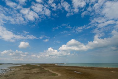 Sky and big clouds over firth with horizon line