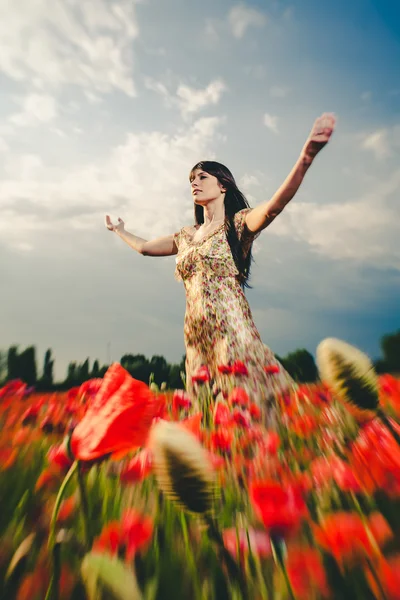 Femme dans le champ de pavot — Photo