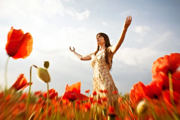 Mujer en el campo de amapola — Foto de Stock