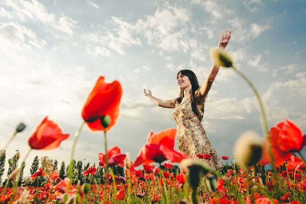 Mujer en el campo de amapola al atardecer — Foto de Stock