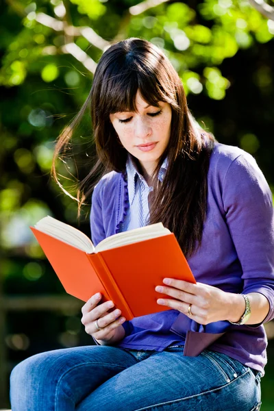 Kvinne som leser en bok – stockfoto