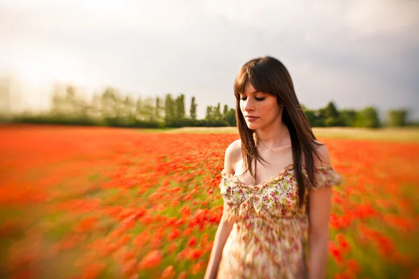 Femme dans le champ de pavot — Photo