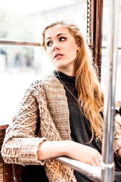 Blonde woman in the tram — Stock Photo, Image