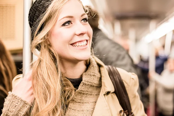 Woman inside the metro — Stok fotoğraf