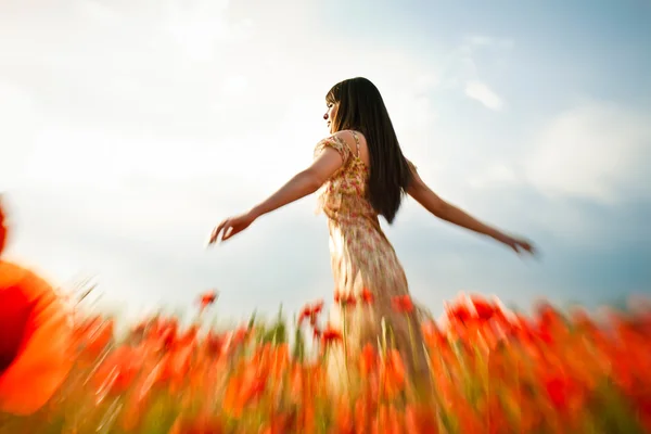 Mujer en el campo de amapola — Foto de Stock