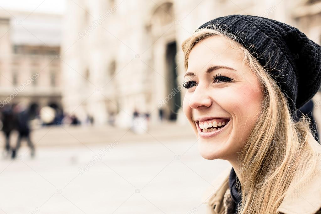 happy blonde woman