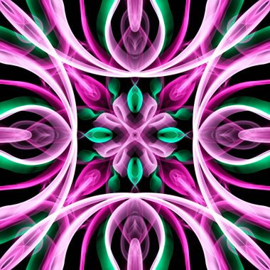 Kusursuz süs deseni, siyah üzerine yeşil ve pembe duman.