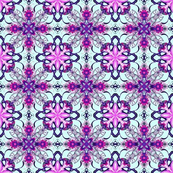 Patrón Ornamental Sin Costuras Púrpura Rosa Sobre Azul — Foto de Stock