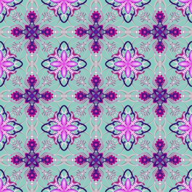 Kusursuz süs deseni, mor ve pembe mavi üzerine.