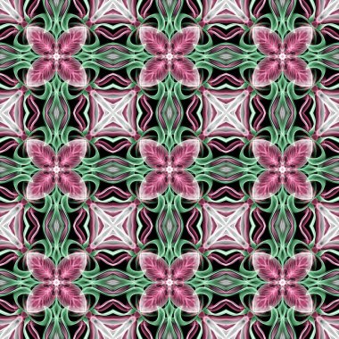 Kusursuz süs deseni, siyah üzerine kırmızı, yeşil ve beyaz.