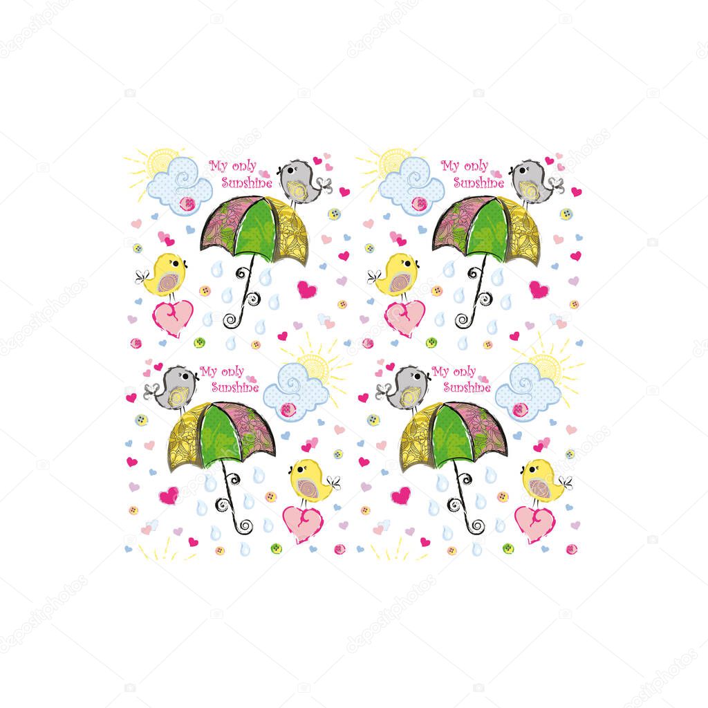 set of four illustrations with umbrellas and birds