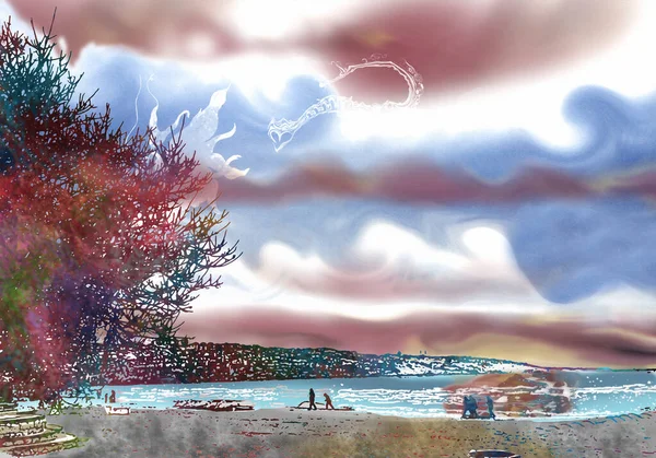 Dijital sanat, akrografi tarzında nehir sahnesinin çizimi