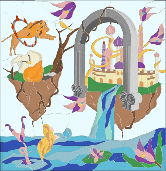 Mosaik Kakel Stylad Illustration Surrealistiskt Slott Och Mytiska Varelser — Stockfoto
