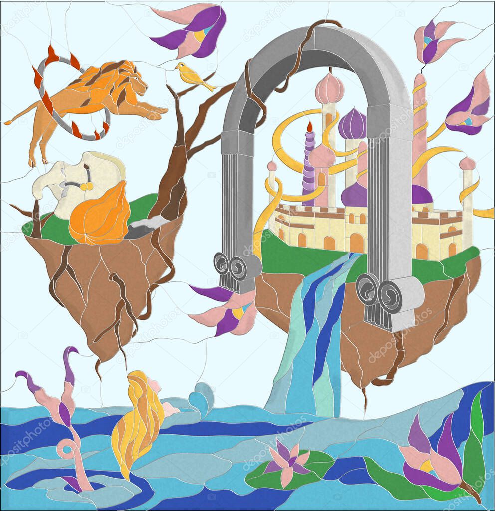 mosaic tile styled illustration, surreal castle and mythical creatures