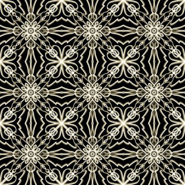 Yatay ve dikey olarak tekrarlanan simetrik formda, altın renkli kusursuz soyut geometrik çiçek yüzey deseni. Moda tasarımı, ev dekorasyonu, duvar kağıtları ve hediye paketleri için kullan.