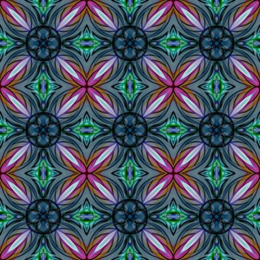 Simetrik olarak tekrar eden canlı renklerde kusursuz soyut geometrik çiçek yüzey deseni. Moda tasarımı, ev dekorasyonu, duvar kağıtları ve hediye paketleri için kullan.