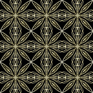 Yatay ve dikey olarak tekrarlanan simetrik formda, altın renkli kusursuz soyut geometrik çiçek yüzey deseni. Moda tasarımı, ev dekorasyonu, duvar kağıtları ve hediye paketleri için kullan.