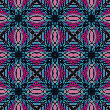 Simetrik biçimi yatay ve dikey olarak tekrarlanan canlı renklerde kusursuz soyut geometrik çiçek yüzey deseni. Moda tasarımı, ev dekorasyonu, duvar kağıtları ve hediye paketleri için kullan.