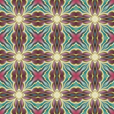 Yatay ve dikey olarak tekrarlanan simetrik formda, altın renkli kusursuz soyut geometrik çiçek yüzey deseni. Moda tasarımı, ev dekorasyonu, duvar kağıtları ve hediye paketleri için kullan.