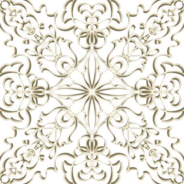 Yatay ve dikey olarak tekrarlanan simetrik formda, altın renkli kusursuz soyut geometrik çiçek yüzey deseni. Moda tasarımı, ev dekorasyonu, duvar kağıtları ve hediye paketleri için kullan.