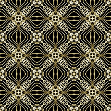 Yatay ve dikey olarak tekrarlanan simetrik formda, altın renkli kusursuz soyut geometrik çiçek yüzey deseni. Moda tasarımı, ev dekorasyonu, duvar kağıtları ve hediye paketleri için kullan.