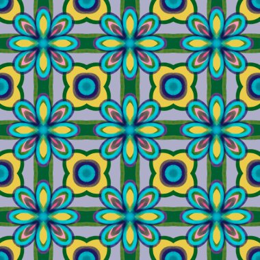Simetrik olarak tekrar eden canlı renklerde kusursuz soyut geometrik çiçek yüzey deseni. Moda tasarımı, ev dekorasyonu, duvar kağıtları ve hediye paketleri için kullan.
