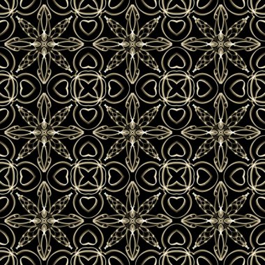 Yatay ve dikey olarak tekrarlanan simetrik formda, altın renkli kusursuz soyut geometrik çiçek yüzey deseni. Moda tasarımı, ev dekorasyonu, duvar kağıtları ve hediye paketleri için kullan.