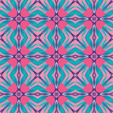 Simetrik olarak tekrar eden canlı renklerde kusursuz soyut geometrik çiçek yüzey deseni. Moda tasarımı, ev dekorasyonu, duvar kağıtları ve hediye paketleri için kullan.