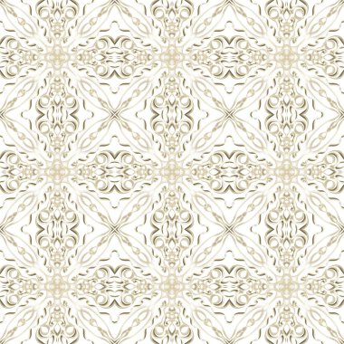 Yatay ve dikey olarak tekrarlanan simetrik formda, altın renkli kusursuz soyut geometrik çiçek yüzey deseni. Moda tasarımı, ev dekorasyonu, duvar kağıtları ve hediye paketleri için kullan.
