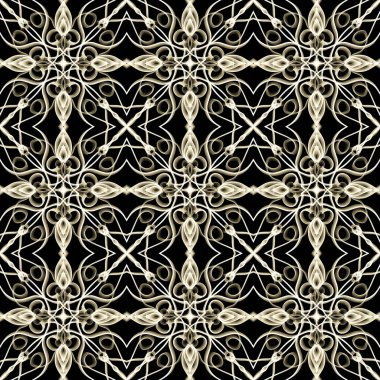 Yatay ve dikey olarak tekrarlanan simetrik formda, altın renkli kusursuz soyut geometrik çiçek yüzey deseni. Moda tasarımı, ev dekorasyonu, duvar kağıtları ve hediye paketleri için kullan.