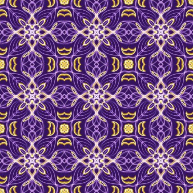 Simetrik olarak tekrar eden canlı renklerde kusursuz soyut geometrik çiçek yüzey deseni. Moda tasarımı, ev dekorasyonu, duvar kağıtları ve hediye paketleri için kullan.