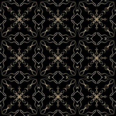 Yatay ve dikey olarak tekrarlanan simetrik formda, altın renkli kusursuz soyut geometrik çiçek yüzey deseni. Moda tasarımı, ev dekorasyonu, duvar kağıtları ve hediye paketleri için kullan.
