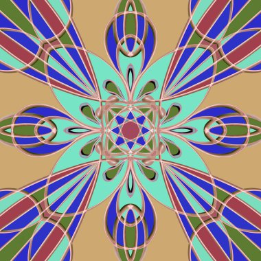 Simetrik olarak tekrar eden canlı renklerde kusursuz soyut geometrik çiçek yüzey deseni. Moda tasarımı, ev dekorasyonu, duvar kağıtları ve hediye paketleri için kullan.