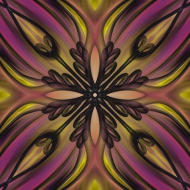 Simetrik olarak tekrar eden canlı renklerde kusursuz soyut geometrik çiçek yüzey deseni. Moda tasarımı, ev dekorasyonu, duvar kağıtları ve hediye paketleri için kullan.