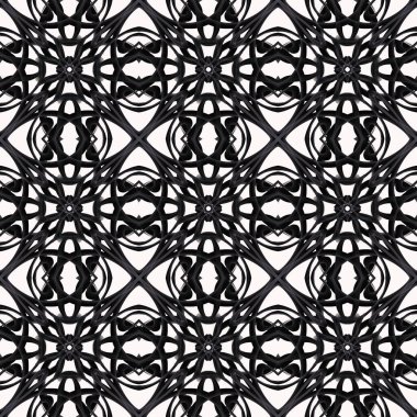 Simetrik biçimi yatay ve dikey olarak yinelenen siyah ve beyaz renklerle kusursuz soyut geometrik yüzey deseni. Moda tasarımı, ev dekorasyonu, duvar kağıtları ve hediye paketleri için kullan.