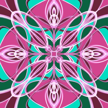 Simetrik olarak tekrar eden canlı renklerde kusursuz soyut geometrik çiçek yüzey deseni. Moda tasarımı, ev dekorasyonu, duvar kağıtları ve hediye paketleri için kullan.