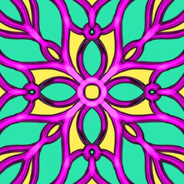 Simetrik olarak tekrar eden canlı renklerde kusursuz soyut geometrik çiçek yüzey deseni. Moda tasarımı, ev dekorasyonu, duvar kağıtları ve hediye paketleri için kullan.