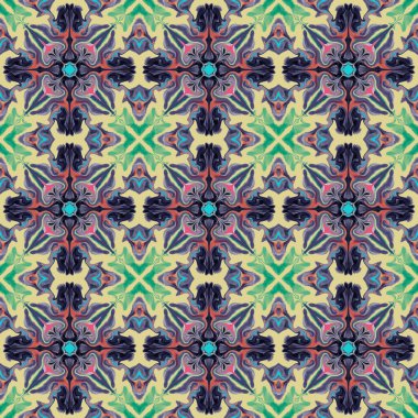 Simetrik olarak tekrar eden canlı renklerde kusursuz soyut geometrik çiçek yüzey deseni. Moda tasarımı, ev dekorasyonu, duvar kağıtları ve hediye paketleri için kullan.