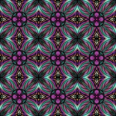 Simetrik olarak tekrar eden canlı renklerde kusursuz soyut geometrik çiçek yüzey deseni. Moda tasarımı, ev dekorasyonu, duvar kağıtları ve hediye paketleri için kullan.