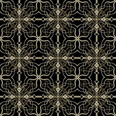 Yatay ve dikey olarak tekrarlanan simetrik formda, altın renkli kusursuz soyut geometrik çiçek yüzey deseni. Moda tasarımı, ev dekorasyonu, duvar kağıtları ve hediye paketleri için kullan.