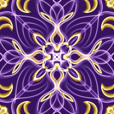 Simetrik olarak tekrar eden canlı renklerde kusursuz soyut geometrik çiçek yüzey deseni. Moda tasarımı, ev dekorasyonu, duvar kağıtları ve hediye paketleri için kullan.