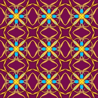 Simetrik olarak tekrar eden canlı renklerde kusursuz soyut geometrik çiçek yüzey deseni. Moda tasarımı, ev dekorasyonu, duvar kağıtları ve hediye paketleri için kullan.