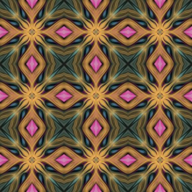 Simetrik olarak tekrar eden canlı renklerde kusursuz soyut geometrik çiçek yüzey deseni. Moda tasarımı, ev dekorasyonu, duvar kağıtları ve hediye paketleri için kullan.