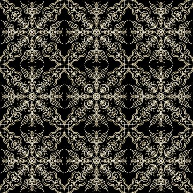 Yatay ve dikey olarak tekrarlanan simetrik formda, altın renkli kusursuz soyut geometrik çiçek yüzey deseni. Moda tasarımı, ev dekorasyonu, duvar kağıtları ve hediye paketleri için kullan.