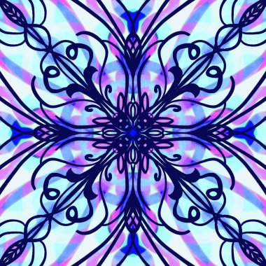 Simetrik olarak tekrar eden canlı renklerde kusursuz soyut geometrik çiçek yüzey deseni. Moda tasarımı, ev dekorasyonu, duvar kağıtları ve hediye paketleri için kullan.